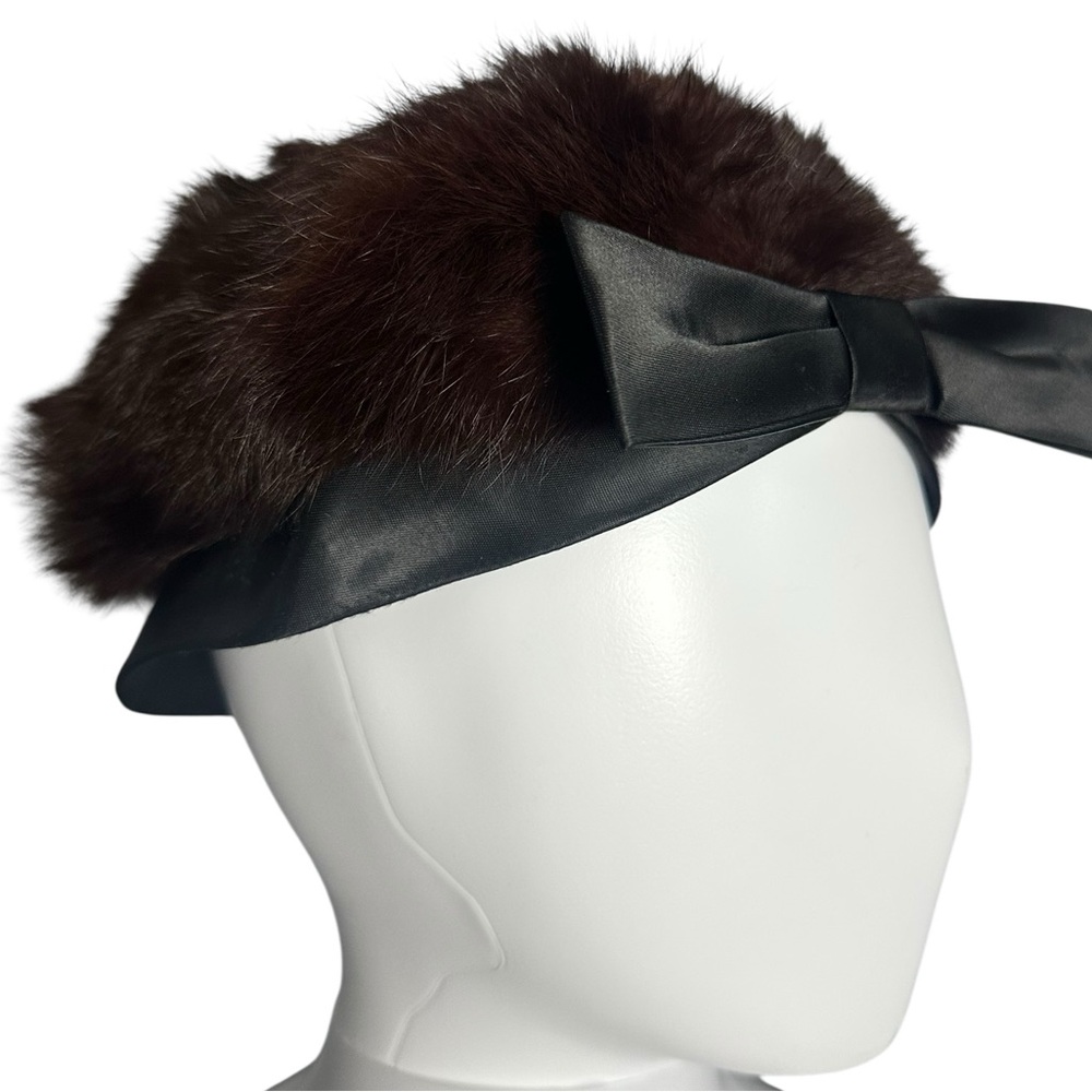 Vtg Pillbox Brown Genuine Fur Hat Velvet Bow Women’s XS/S